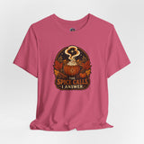 Pink T-shirt with round pumpkin spice graphic and “The Spice Calls I Answer” text
