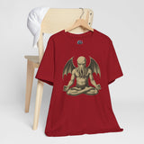 Unisex graphic t-shirt, red, meditating tentacled monster front print on hanger