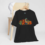 Black dinosaur Valentine graphic T-shirt on hanger, short-sleeve crew neck