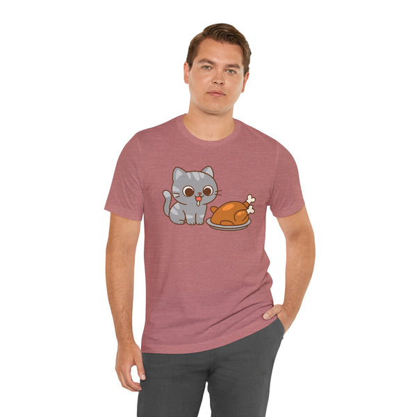 Mauve crew-neck cat and turkey graphic T-shirt, short sleeves