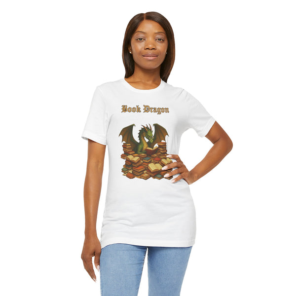 White crewneck t-shirt on model with “Book Dragon” text and dragon-on-books artwork