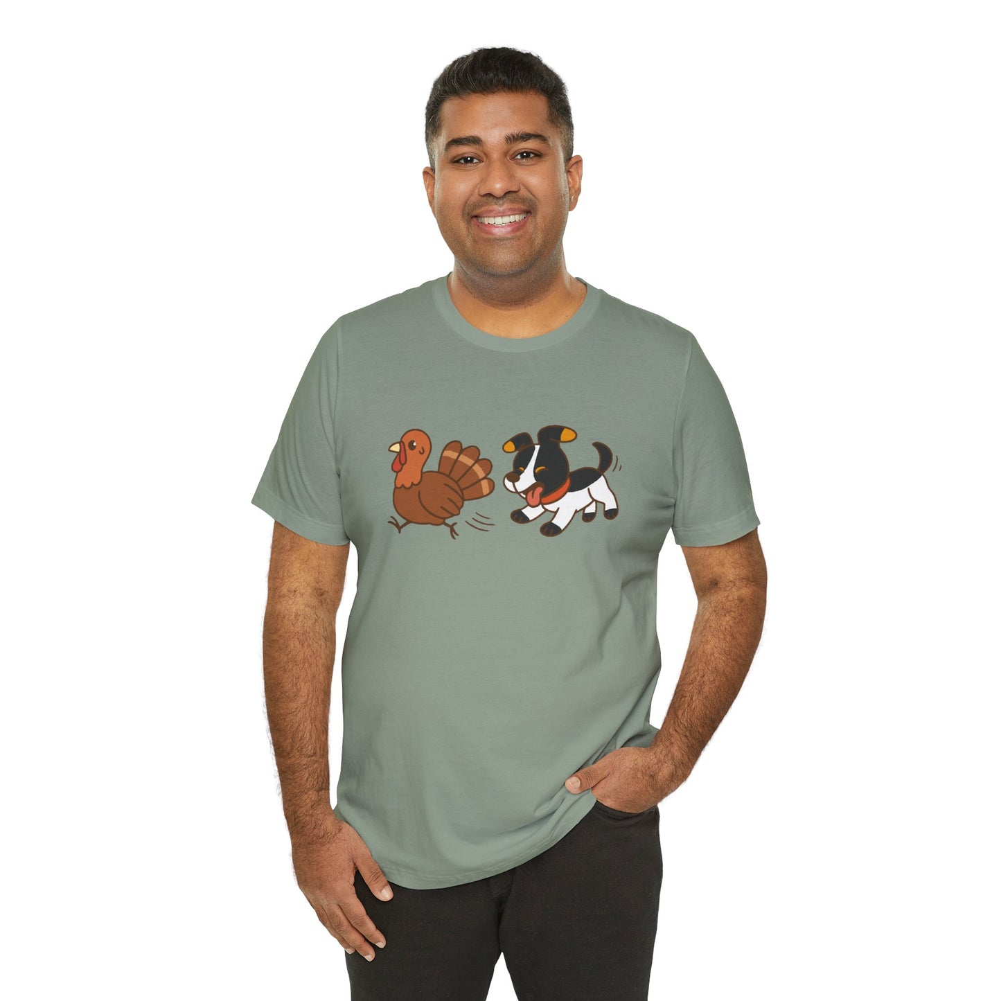 Dog Chasing Turkey T-Shirt – Funny Thanksgiving Dog Tee