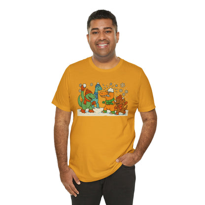 Dinosaur Snowball Fight T-Shirt – Funny Winter Dino Graphic Tee