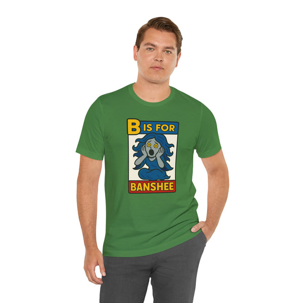 Green crewneck T-shirt with 'B is for Banshee' front graphic