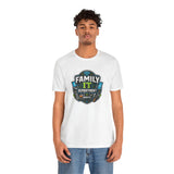 White crewneck T-shirt with “FAMILY IT DEPARTMENT” IT badge emblem at center