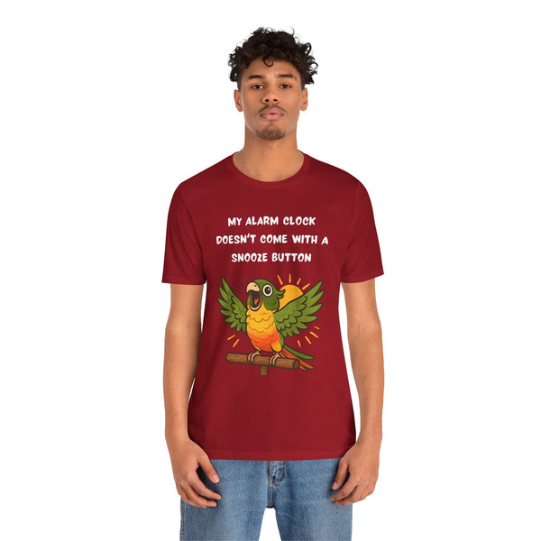 Red parrot alarm slogan t-shirt on model, front bird graphic and “snooze button”