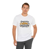 White crewneck T-shirt with caffeine methods graphic print