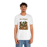White crewneck t-shirt on model with “Book Dragon” graphic featuring a dragon and books