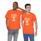 Orange men's graphic t-shirt with 'World's Greatest Dad' trophy and stars