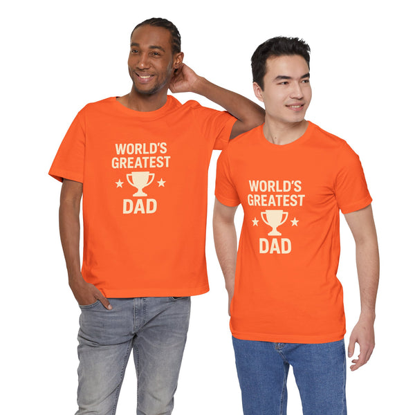 Orange men's graphic t-shirt with 'World's Greatest Dad' trophy and stars