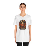 White crew-neck T-shirt with pumpkin-spice cauldron graphic, front view