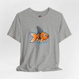 Gray T-shirt with orange fish graphic in scuba gear and shark fin