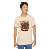 Beige crew-neck T-shirt with autumn leaf pile design and 