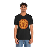 Black crewneck t-shirt with orange goddess circle graphic on front