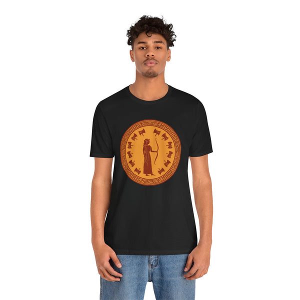 Black crewneck t-shirt with orange goddess circle graphic on front