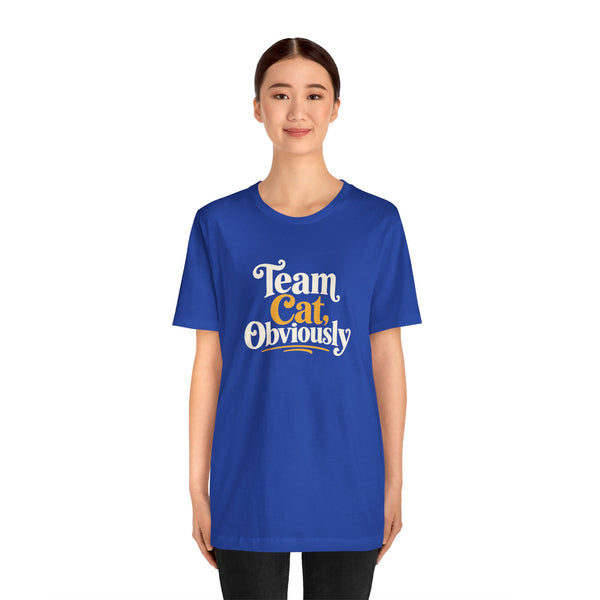 Blue crewneck T-shirt with 'Team Cat, Obviously' printed chest graphic