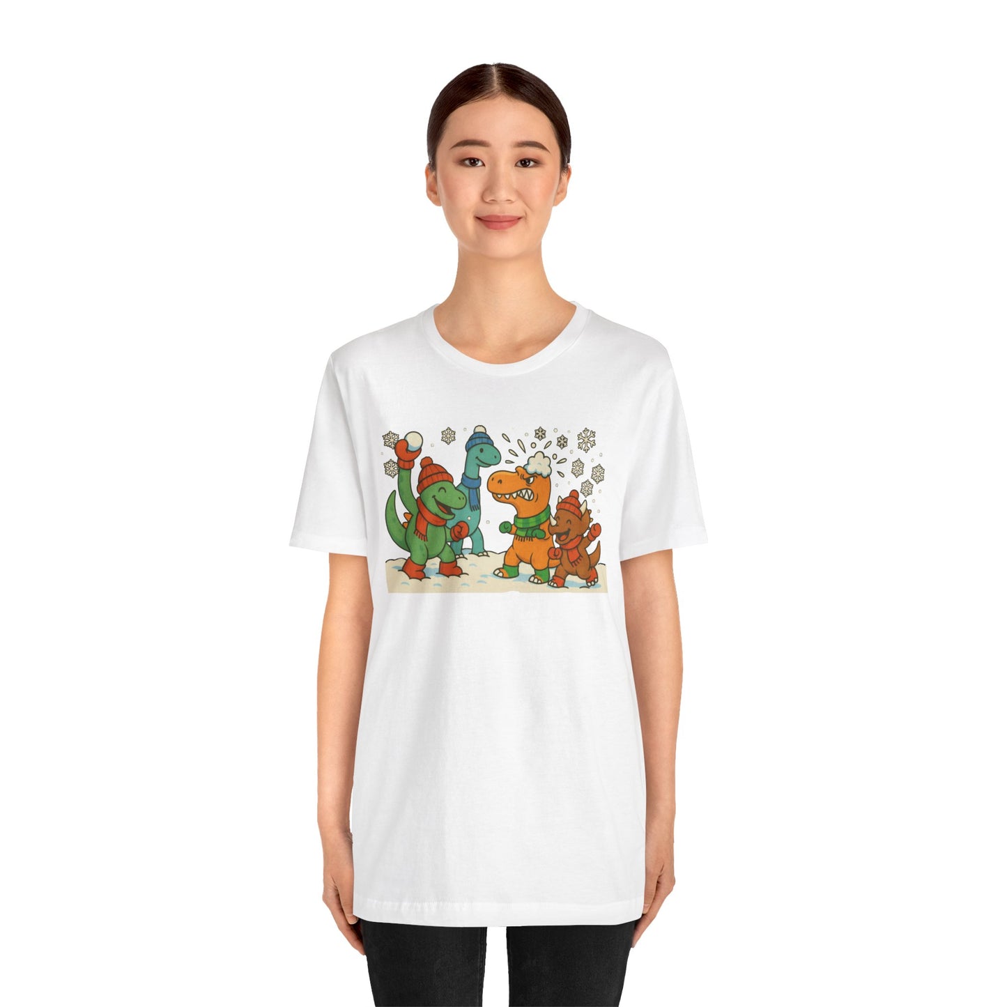 Dinosaur Snowball Fight T-Shirt – Funny Winter Dino Graphic Tee