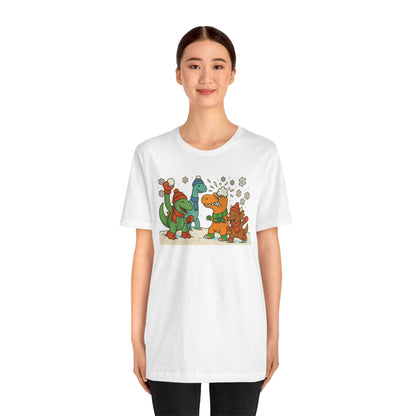 Dinosaur Snowball Fight T-Shirt – Funny Winter Dino Graphic Tee
