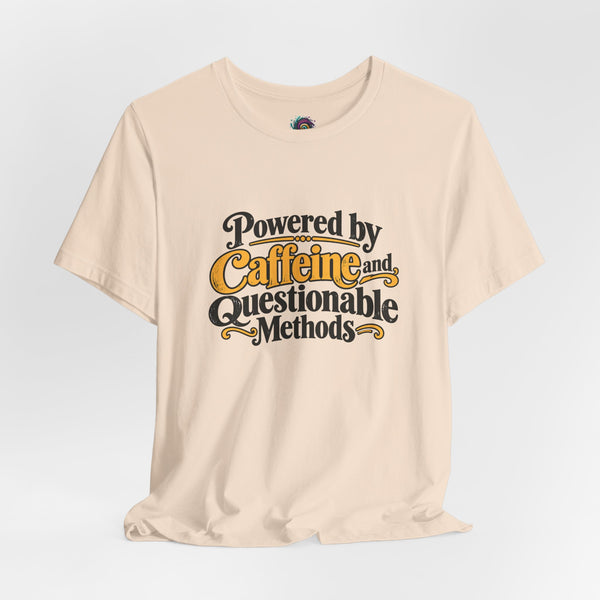 Soft cream crewneck T-shirt with coffee science slogan graphic, front view
