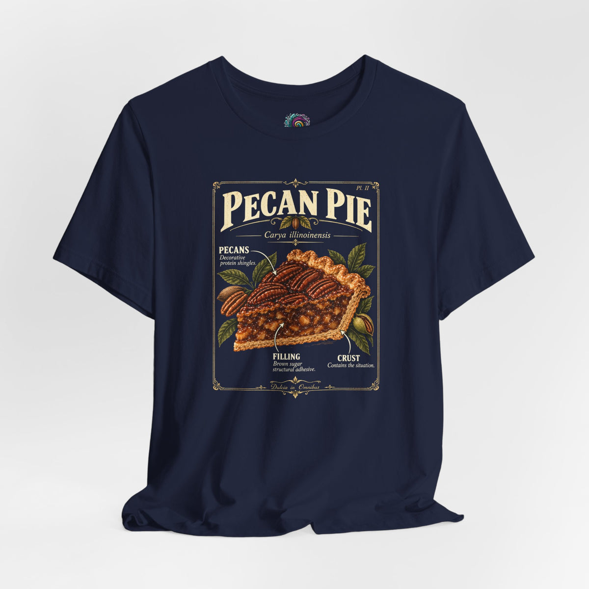 Navy T-shirt with pecan pie anatomy poster-style front graphic