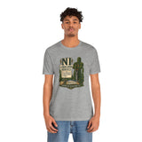 Heather gray crew-neck t-shirt with green landscaping service emblem graphic on front