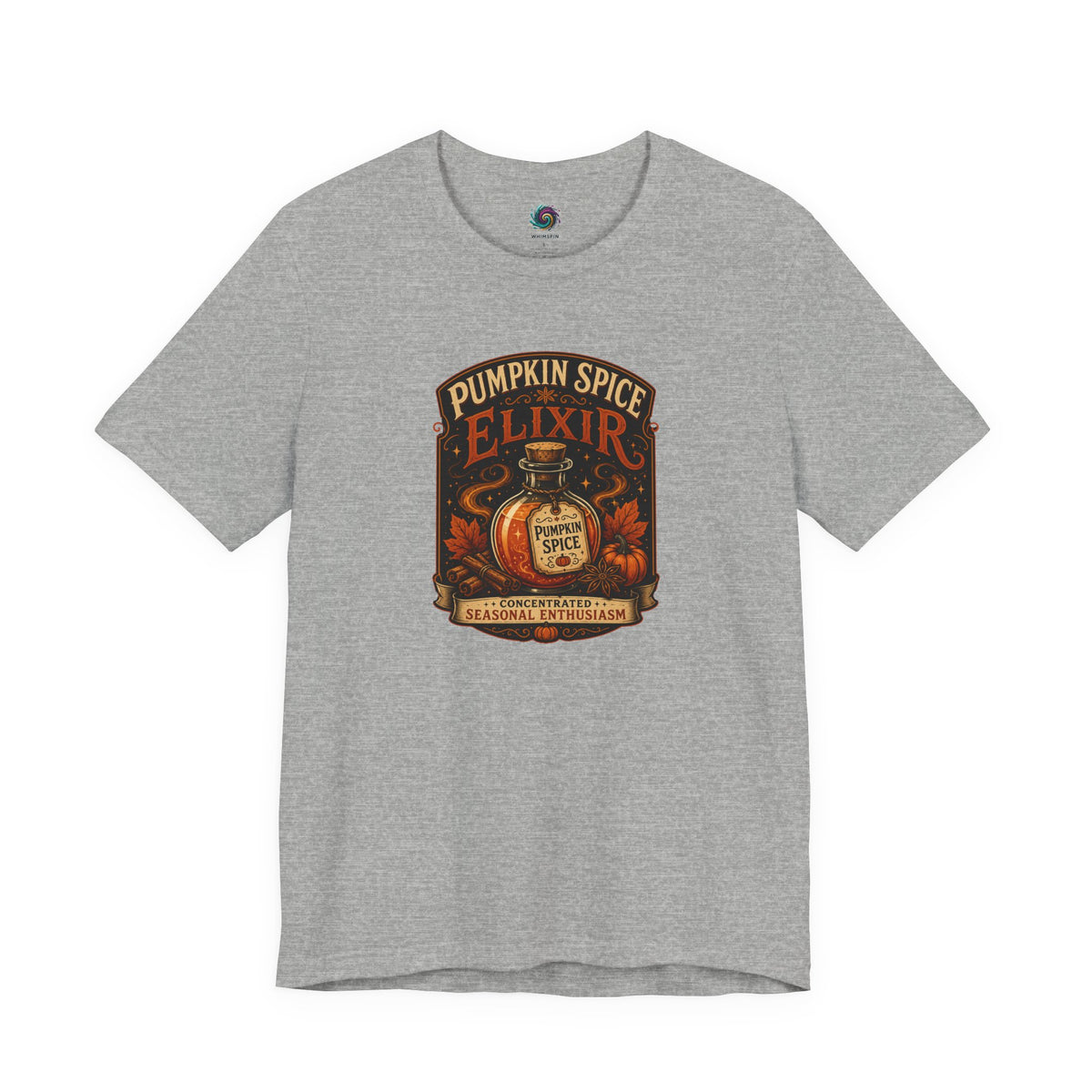 Light gray crew-neck T-shirt with Pumpkin Spice Elixir front graphic