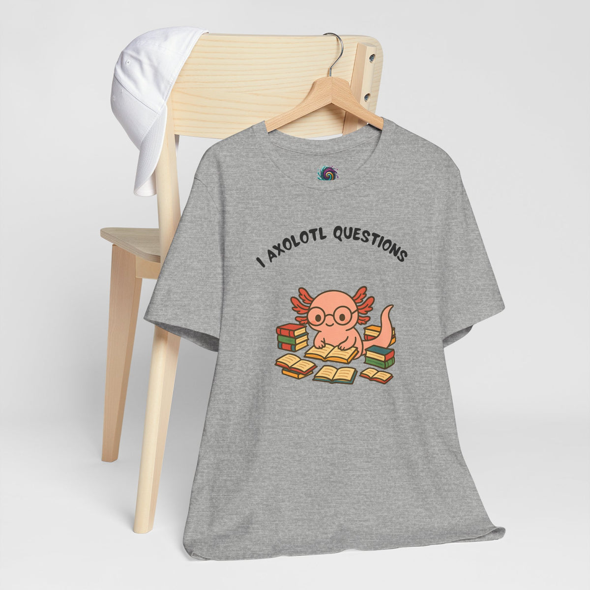 Heather gray crew t-shirt with axolotl reading books graphic and “I Axolotl Questions”