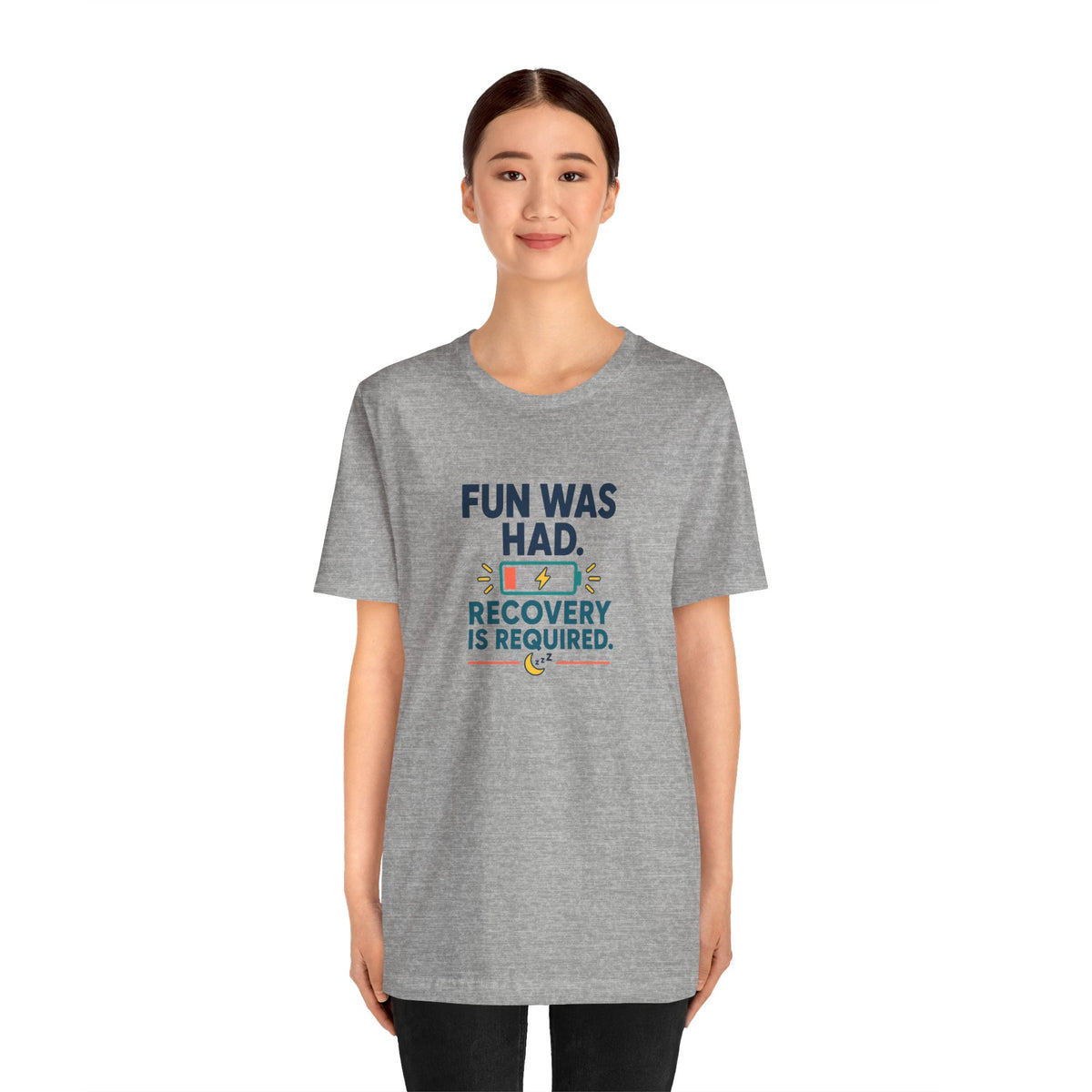 Heather gray crew-neck t-shirt with chest slogan and social battery icon graphic.