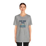 Heather gray crew-neck t-shirt with chest slogan and social battery icon graphic.
