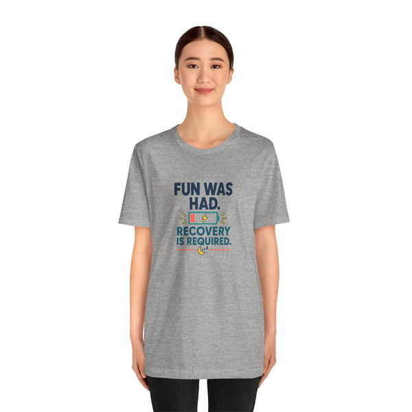 Heather gray crew-neck t-shirt with chest slogan and social battery icon graphic.