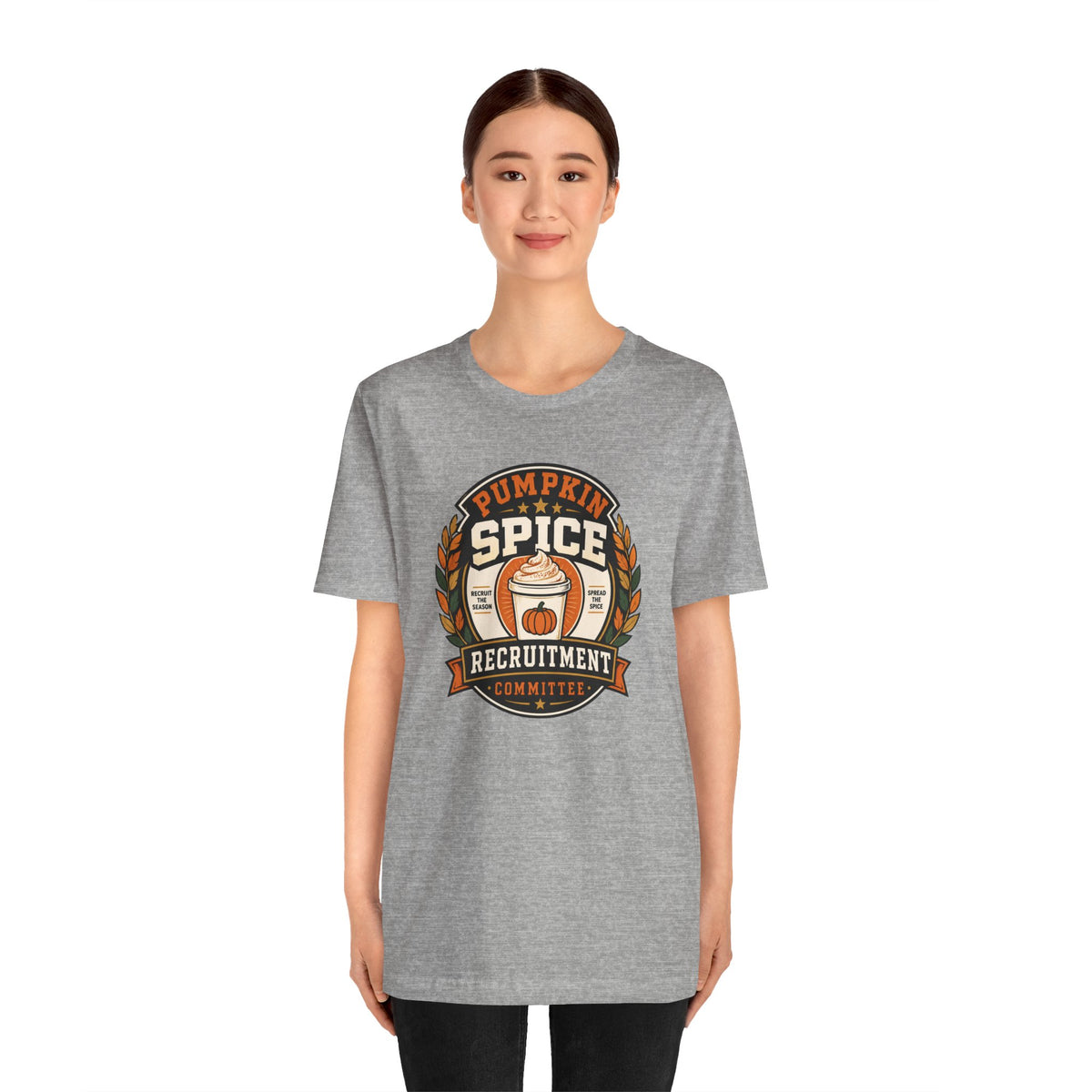 Heather gray crewneck T-shirt with Pumpkin Spice recruitment committee graphic