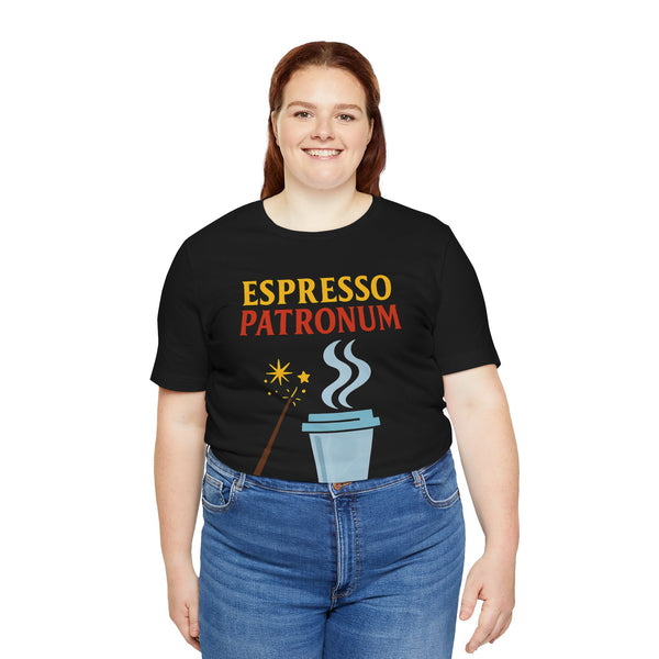 Black crew-neck T-shirt with “Espresso Patronum” text and coffee cup graphic on chest