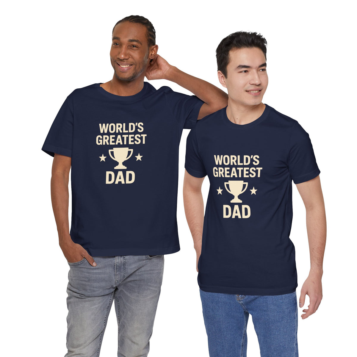 Two navy “WORLD’S GREATEST DAD” trophy graphic T-shirts shown together
