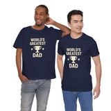 Two navy “WORLD’S GREATEST DAD” trophy graphic T-shirts shown together