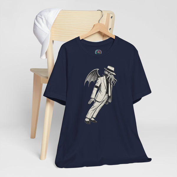 Navy crewneck graphic t-shirt with black-and-gray winged top-hat character print
