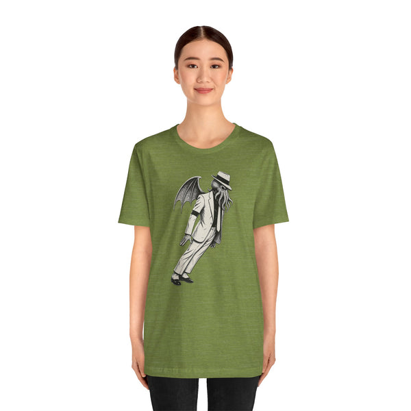 Heather green crewneck t-shirt with large front graphic of a crouching monster in hat