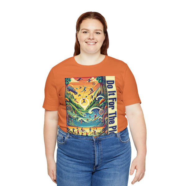 Orange crewneck T-shirt on model, colorful square graphic with vertical “Do it for the Plot”