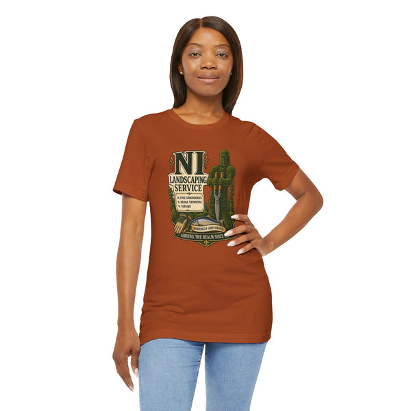 Rust orange crew-neck T-shirt with chest “Landscaping Service” graphic illustration