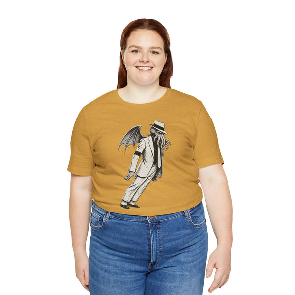 Mustard crew-neck T-shirt with black front graphic print and short sleeves