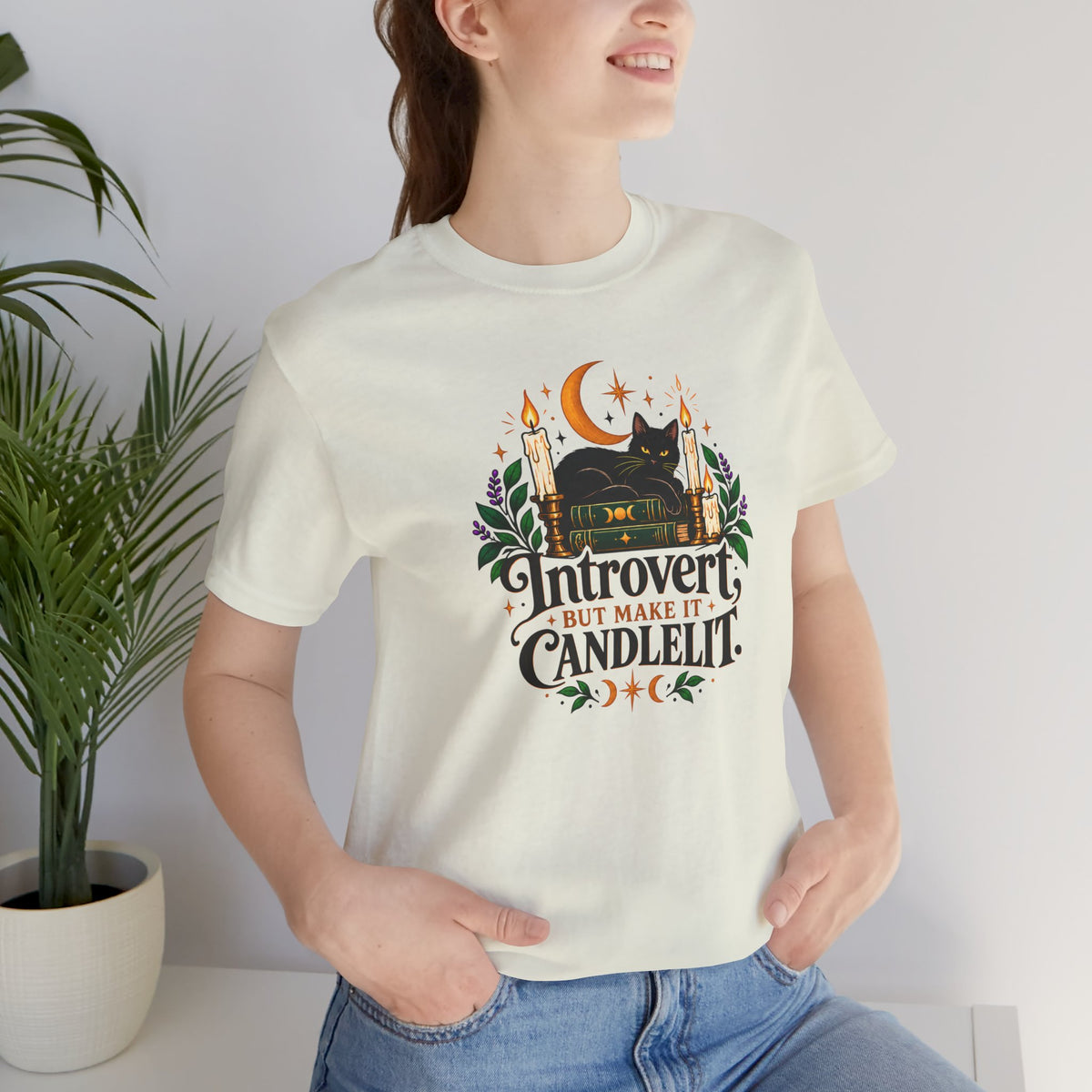 Introvert But Make It Candlelit T-shirt - Witchy Bookish Cat Tee