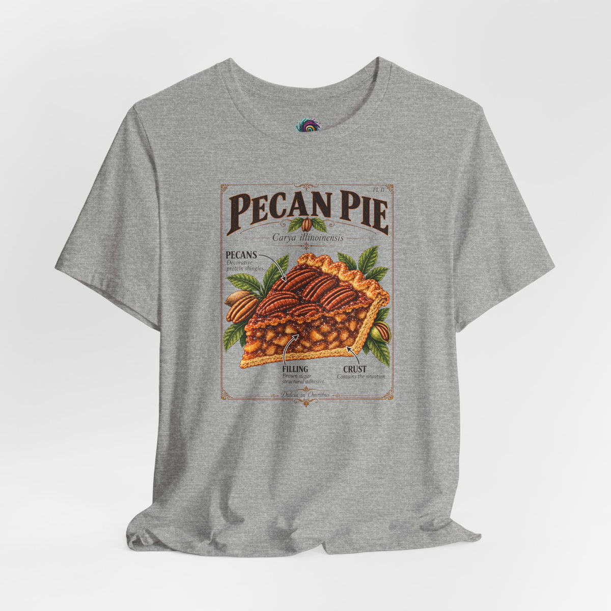 Heather gray T-shirt with vintage pecan pie anatomy graphic on the chest