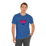 Blue crew-neck T-shirt with centered bisexual pride heart graphic