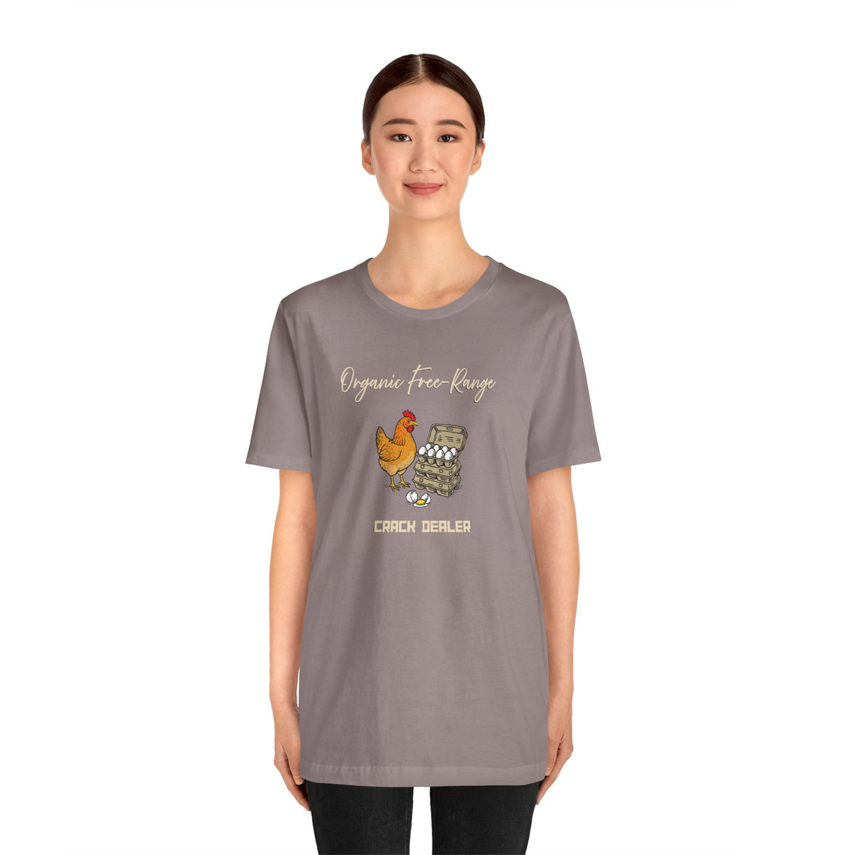 Heather mauve crew-neck T-shirt with chicken and egg dealer front graphic
