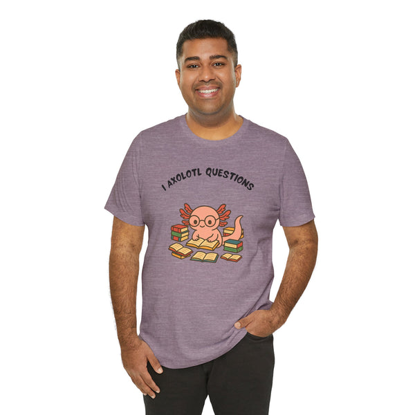 Purple heather t-shirt on model, axolotl reading books graphic centered front