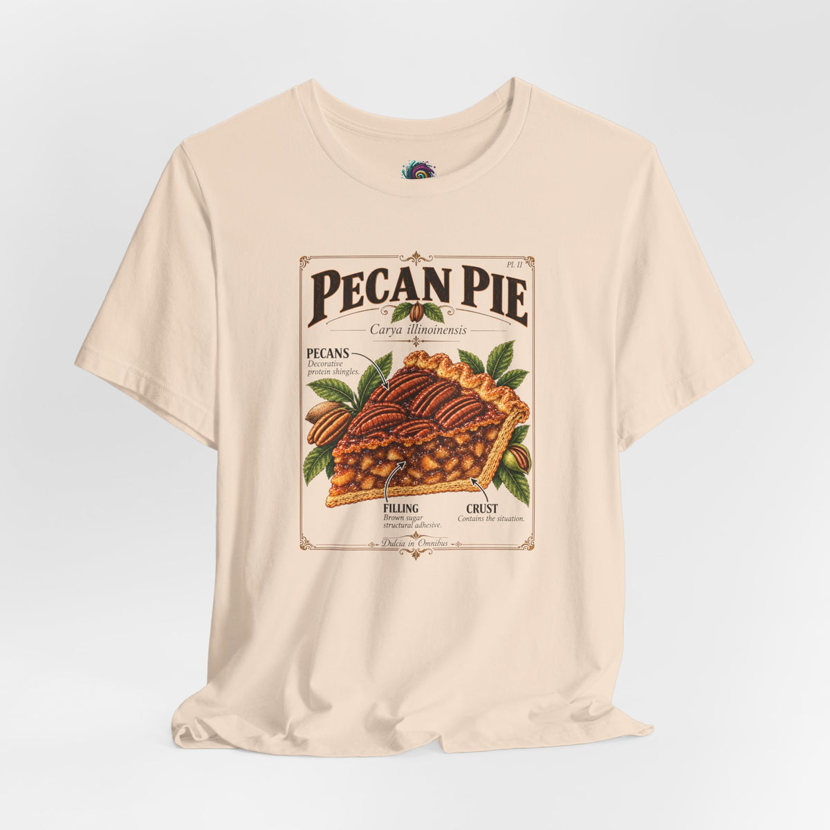 Soft cream pecan pie graphic T-shirt with vintage chest illustration, crew neck short sleeves