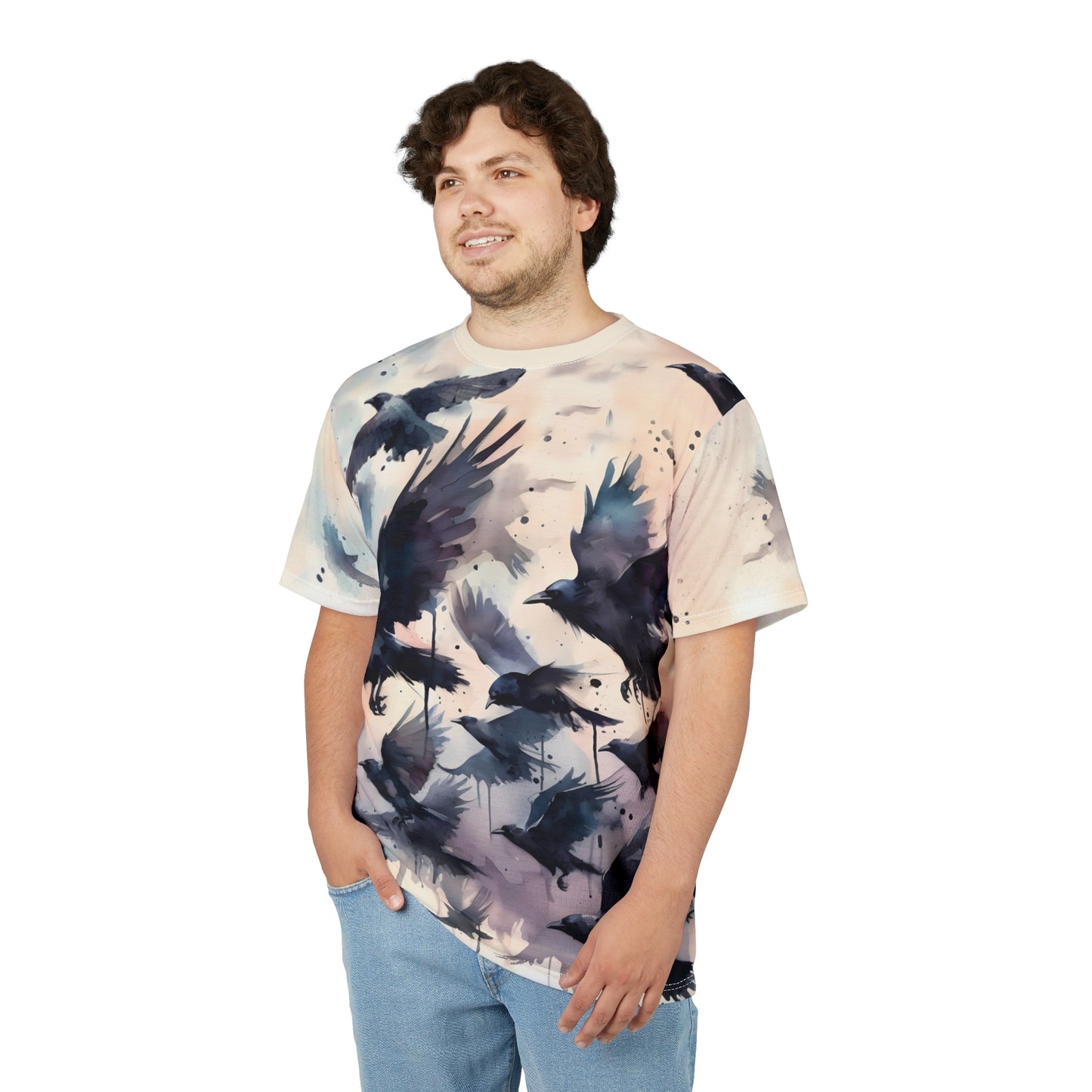 Watercolor Crow Flock T-Shirt – Gothic Raven Flight All-Over Art Tee
