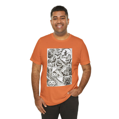 Haunted Hallways T-Shirt – Escher-Inspired Halloween Graphic Tee