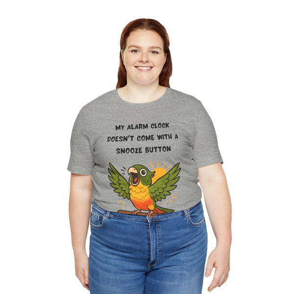 Heather gray parrot alarm T-shirt on female model, conure graphic centered on chest