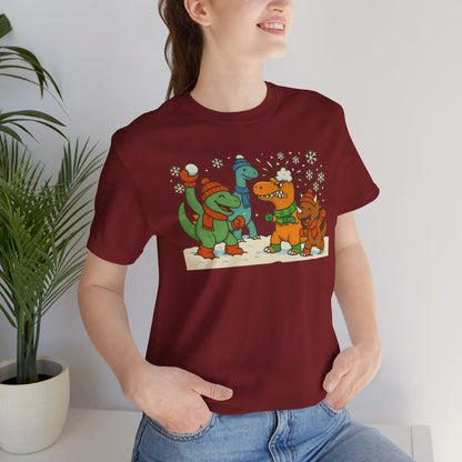 Dinosaur Snowball Fight T-Shirt – Funny Winter Dino Graphic Tee