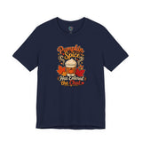 Navy crew-neck T-shirt with pumpkin spice coffee chat graphic